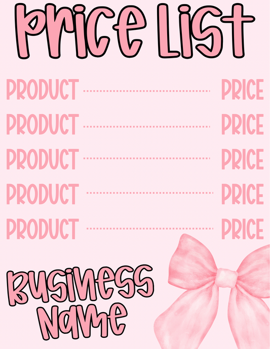 Simple Bow Price Sheet