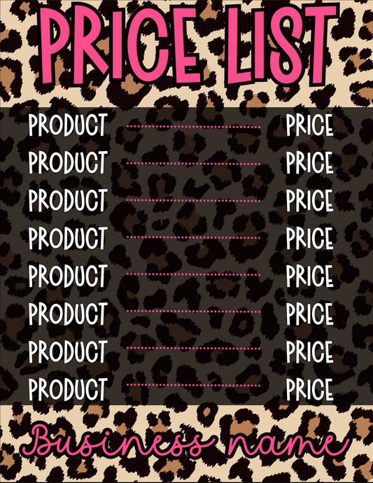 Pink leopard Price Sheet