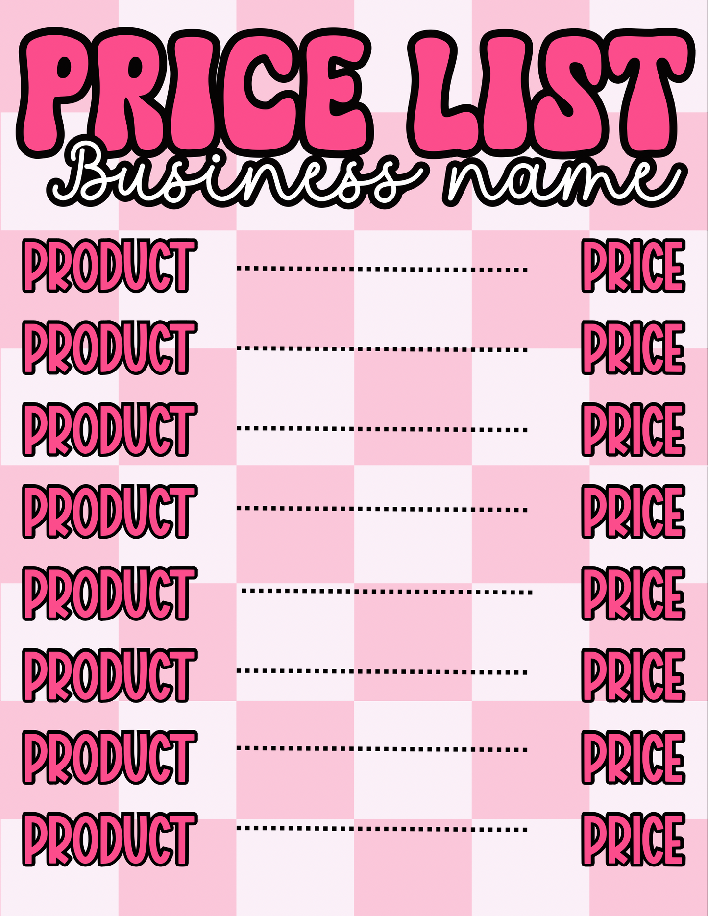 Pink Checkered Price Sheet