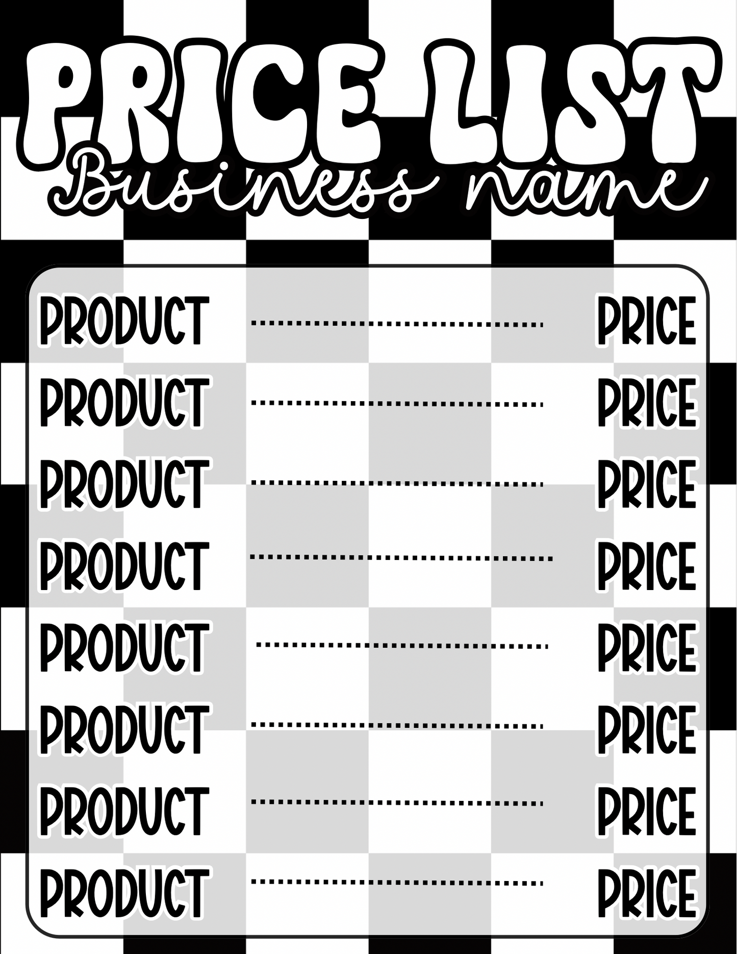 B&W Checkered Price Sheet