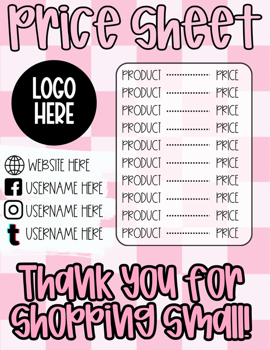 Pink & checkered Information/Price Sheet