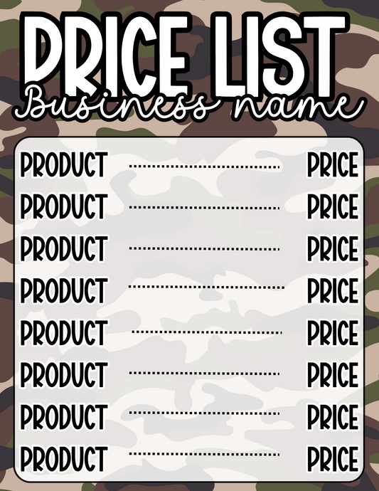 Camo Price Sheet