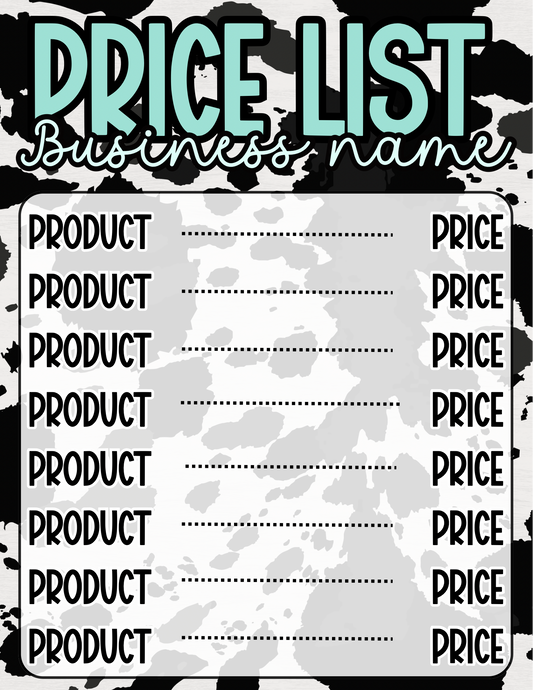 Cow print Price Sheet