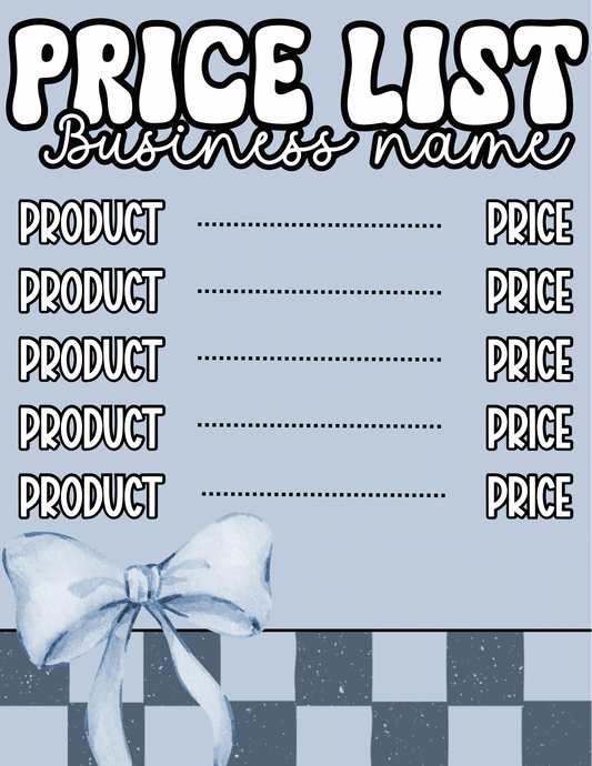 Blue Bow Price Sheet